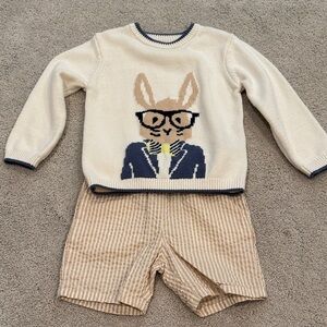 wonder nation Cream Knit Bunny Sweater with Navy & Tan Striped Shorts